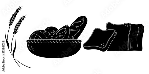 小麦とパンのシルエットイラストセット、カゴに入ったパン、食パン