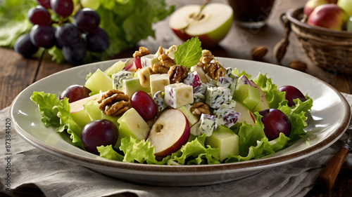 Apple and grape salad with crunchy walnuts, Realistic food shot, Energy, Satisfaction, Wholesomeness, Waldorf Salad photo