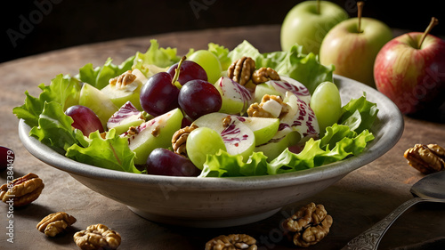 Apple slices, grapes, and nuts in a green salad, Bright natural lighting, Freshness, Balance, Well-being, Waldorf Salad photo