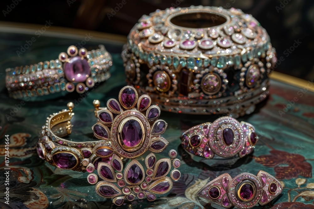 Various antique jewelry and gem-encrusted accessories spread across a table surface, Antique jewelry and gem-encrusted accessories Various antique jewelry and gem-encrusted accessories spread across a table surface, Antique jewelry and gem-encrusted accessories