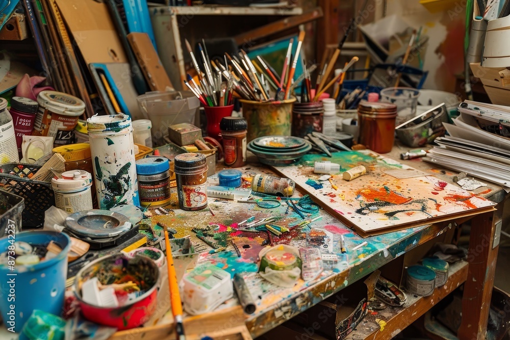 A cluttered table covered in various paint tubes, brushes, markers, and other art materials, Art supplies and projects scattered around the room A cluttered table covered in various paint tubes, brushes, markers, and other art materials, Art supplies and projects scattered around the room