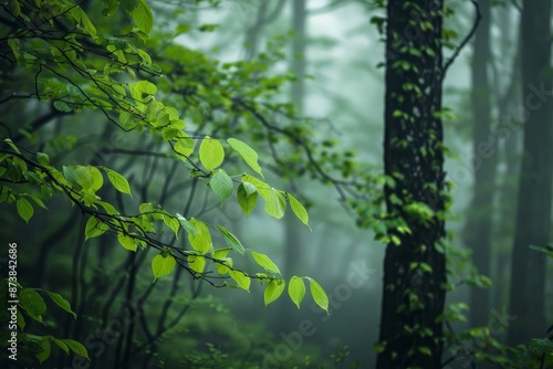 Vibrant green leaves stand out in a serene, fogenshrouded forest, evoking a sense of mystery and tranquility photo