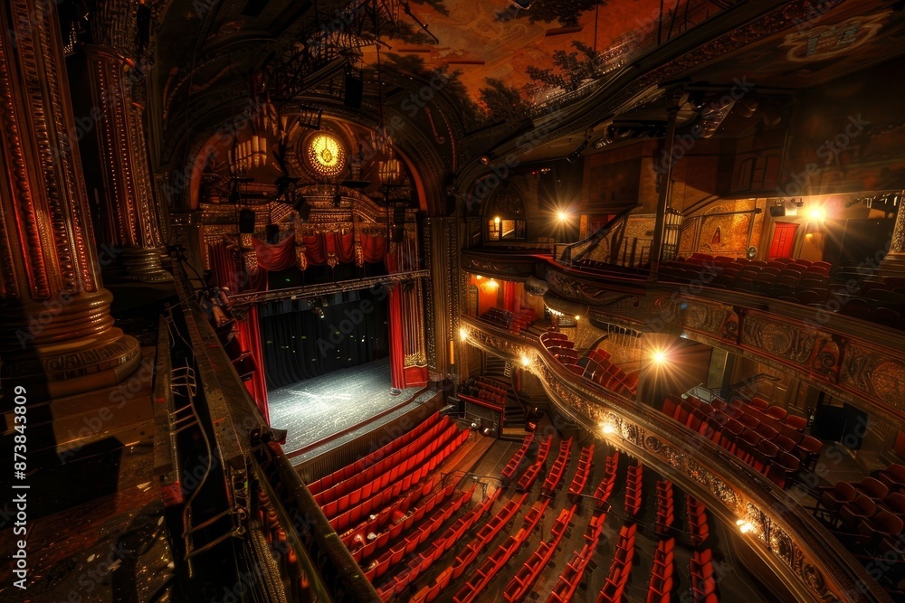 Obraz premium Overlooking the auditorium from a balcony, showcasing seats, stage, and lights in a performance space, Balconies overlooking the stage below