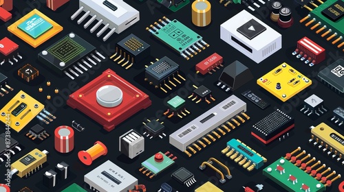 Isometric vector illustration of electronic components icons photo