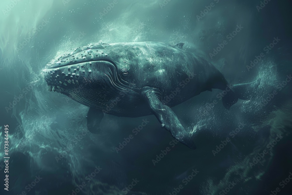 Obraz premium A whale gracefully swims through the water, Beautiful creature with a haunting cry that echoes through the ocean