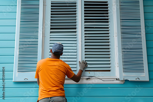 A man in an orange shirt installs storm-proof shutters on a turquoise house photo