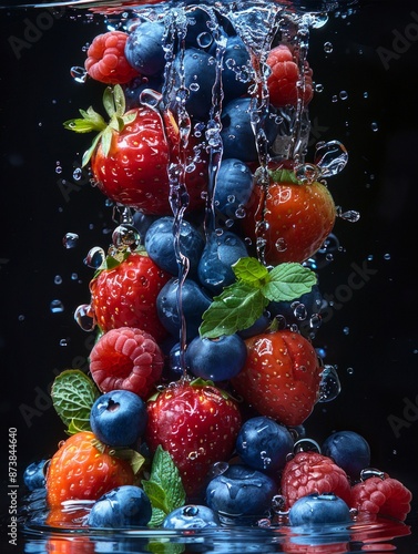 A Stunning Display of Assorted Fresh Fruits and Berries Including Grapes, Cherries, Strawberries, and Exotic Varieties, Hanging in a Beautiful Arrangement with Water Streams