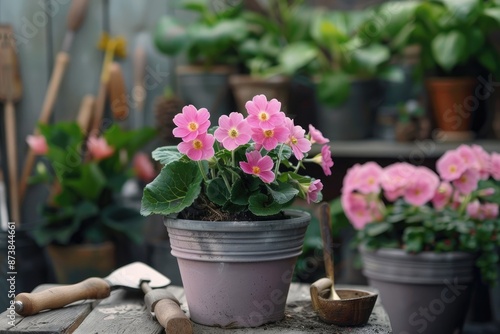 Gardening tools with Pink primrose in pot. Backdrop for garden shop. photo