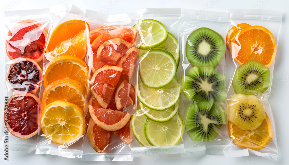 Slices of orange in vacuum packed sealed for sous vide cooking isolated on grey background Slices of orange in vacuum packed sealed for sous vide cooking isolated on grey background