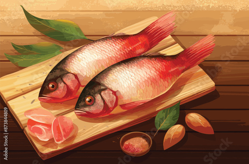 fresh fish on a wooden board, Delicious and healthy fish. Raw dorado with lemon and ingredients on a dark background. Banner, menu, place for recipe text, top view.