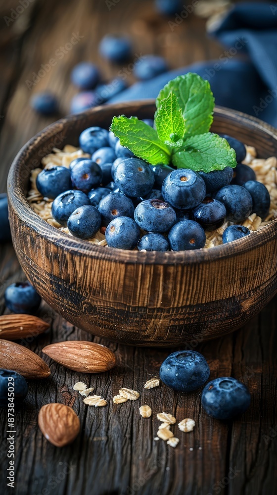 A wooden bowl filled with fresh blueberries and crunchy almonds. The concept of a healthy breakfast. A wooden bowl filled with fresh blueberries and crunchy almonds. The concept of a healthy breakfast.