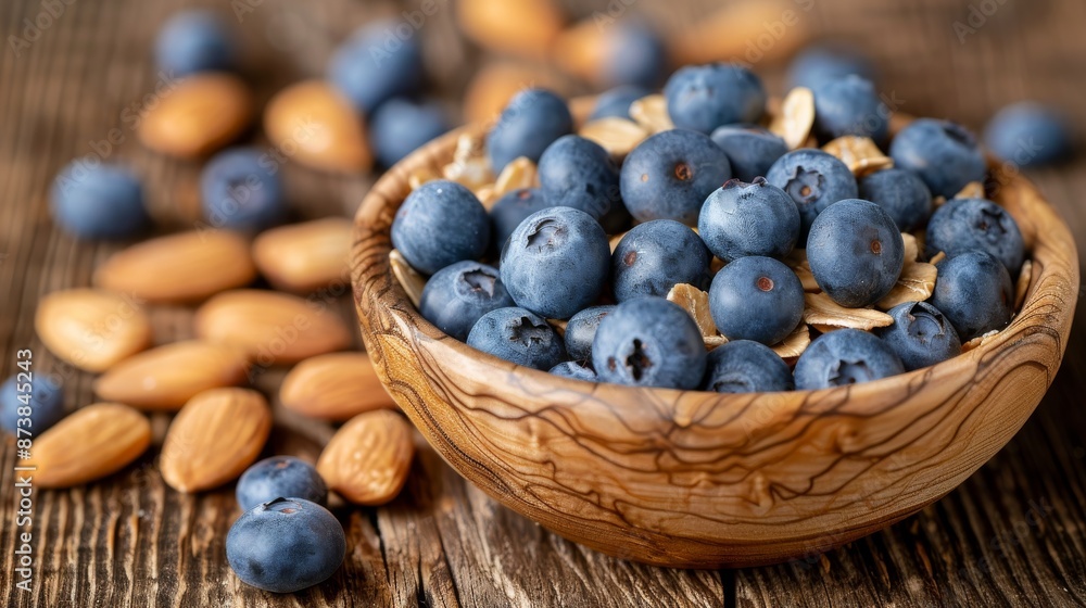 A wooden bowl filled with fresh blueberries and crunchy almonds. The concept of a healthy breakfast. A wooden bowl filled with fresh blueberries and crunchy almonds. The concept of a healthy breakfast.