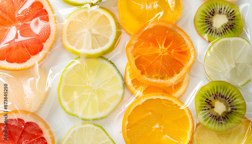 Slices of orange in vacuum packed sealed for sous vide cooking isolated on grey background Slices of orange in vacuum packed sealed for sous vide cooking isolated on grey background