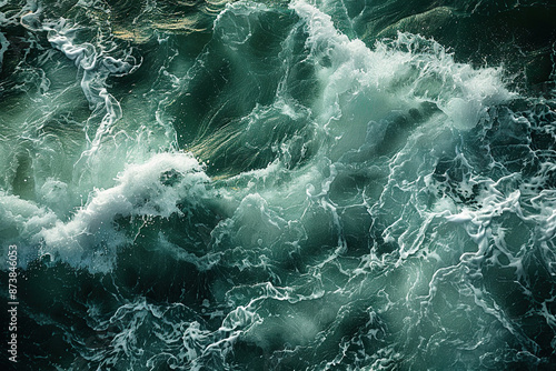 Raging sea with waves and foam, top view.