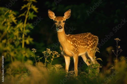 A young deer stands alert in a lush forest, bathed in the golden glow of sunlight