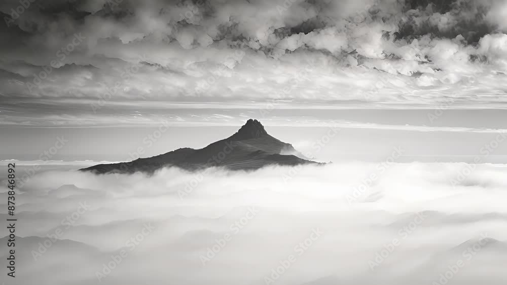 The silhouette of a lone mountain emerges from a sea of fog fading into the cloudy sky. Black and white art The silhouette of a lone mountain emerges from a sea of fog fading into the cloudy sky. Black and white art