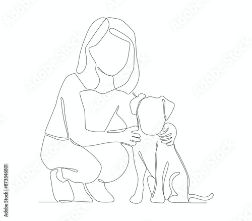 One continuous line drawing of a woman is playing with her pet by hugging and carrying it, vector illustration.