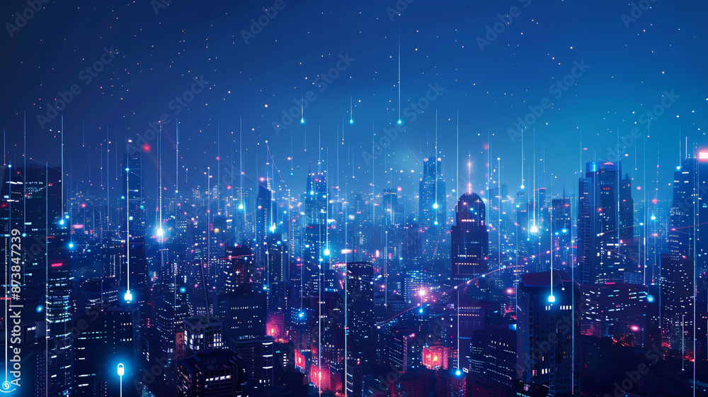Fototapeta premium Above a smart city, telecommunication connections weave through a futuristic cityscape, embodying concepts such as the Internet of Things (IoT), fintech innovations, blockchain technology, 5G LTE
