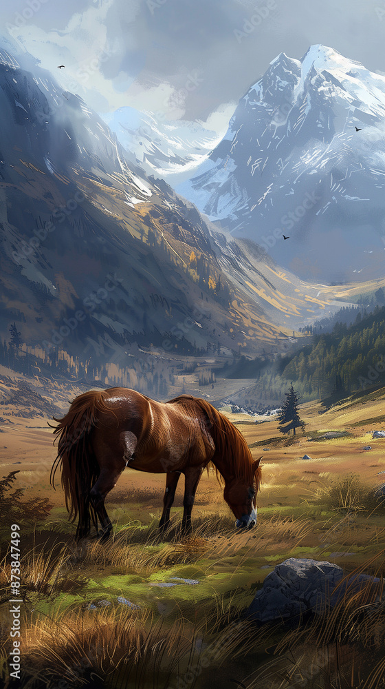 Obraz premium sturdy pony grazing in a vast mountain valley, surrounded by towering peaks and lush meadows, showcasing the serene beauty of nature