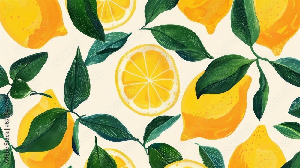 The pattern is a painted lemon with leaves The pattern is a painted lemon with leaves