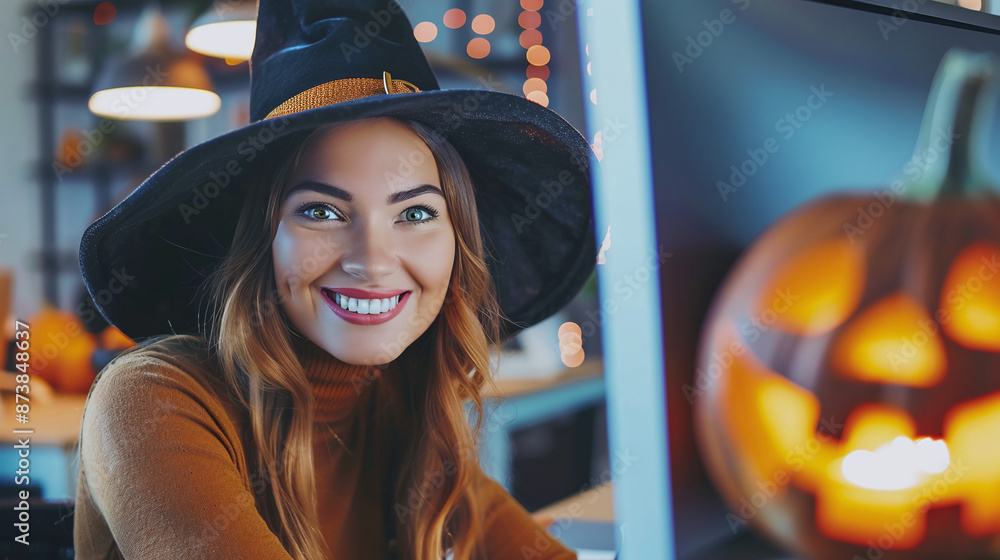 Young businesswoman in witch hat working at computer in office with Halloween decorations Young businesswoman in witch hat working at computer in office with Halloween decorations
