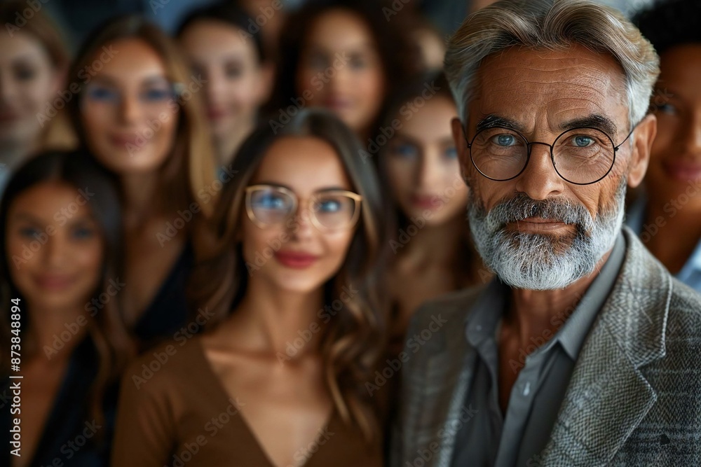 The photo features a group of beautiful, smiling individuals of varying ages and genders, some wearing eyeglasses, with one man showcasing a well-groomed beard.
