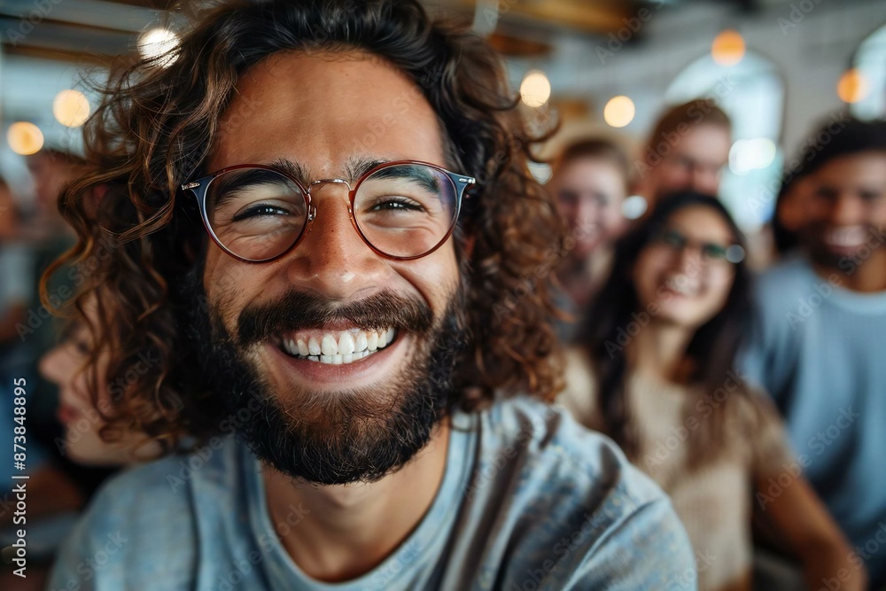 Person with a well groomed beard and glasses smiling and laughing, a beautiful woman wearing eyeglasses, a young man smiling and laughing, a group of diverse people of all ages Person with a well groomed beard and glasses smiling and laughing, a beautiful woman wearing eyeglasses, a young man smiling and laughing, a group of diverse people of all ages