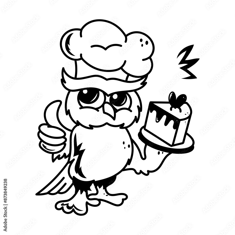 Chef owl serving cake, doodle style cartoon Chef owl serving cake, doodle style cartoon