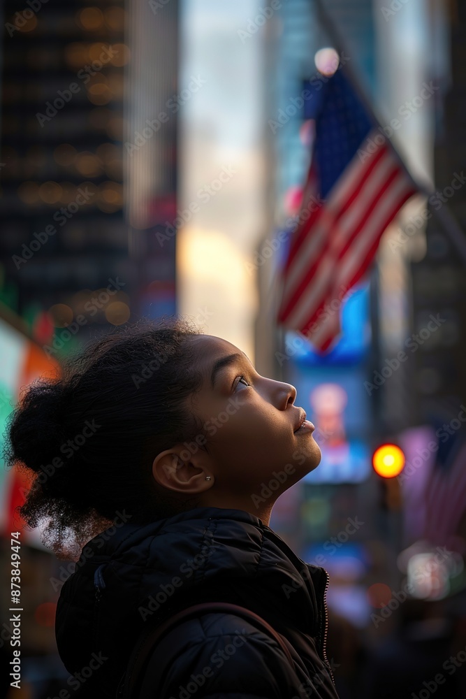 Young girl looking up in NYC with American flag in background Young girl looking up in NYC with American flag in background