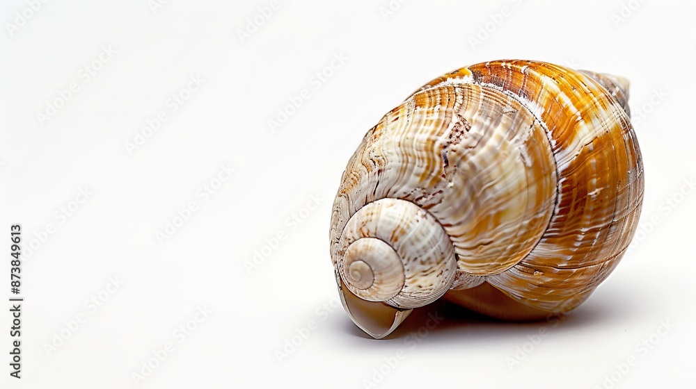 Empty ocean snail shell on a white background.