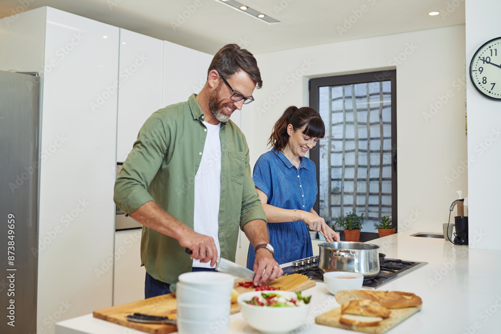 Smile, stove and couple with cooking in kitchen for meal prep, healthy diet and bonding together. Happy, woman and man with ingredients by counter for marriage, nutrition and romantic dinner at home Smile, stove and couple with cooking in kitchen for meal prep, healthy diet and bonding together. Happy, woman and man with ingredients by counter for marriage, nutrition and romantic dinner at home