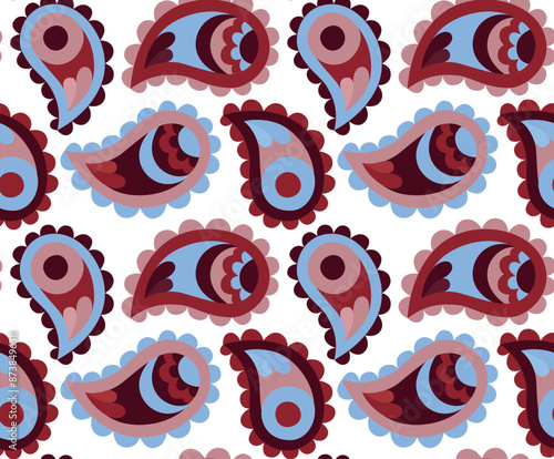 Seamless paisley pattern in blue and burgundy colors. Vector colorful background in flat style	 photo