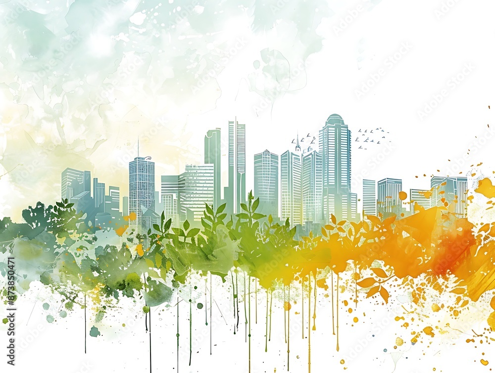 Fototapeta premium A colorful watercolor skyline blending urban architecture with natural greenery, evoking a harmonious cityscape.