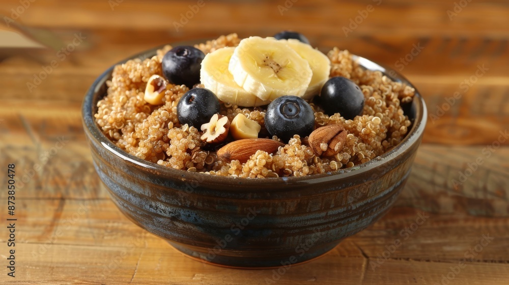 A bowl filled with granola, topped with slices of banana and scattered blueberries. The concept of a healthy breakfast. A bowl filled with granola, topped with slices of banana and scattered blueberries. The concept of a healthy breakfast.