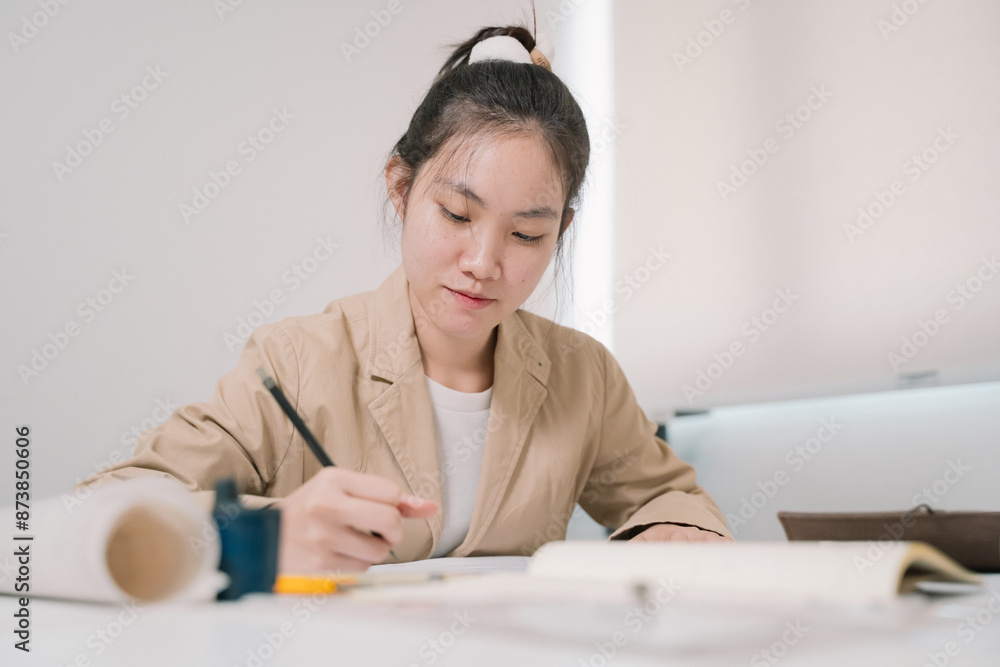 In her architecture office, the woman architect meticulously drafts a blueprint for a project, working with precision and creativity in engineering and design drawing. In her architecture office, the woman architect meticulously drafts a blueprint for a project, working with precision and creativity in engineering and design drawing.