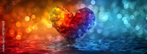 Colorful polygonal heart with different colors on blurred background. Heart pride rainbow LGBTQ happy background day community art logo symbol lgbtqia post queer poster groovy slogan progress banner