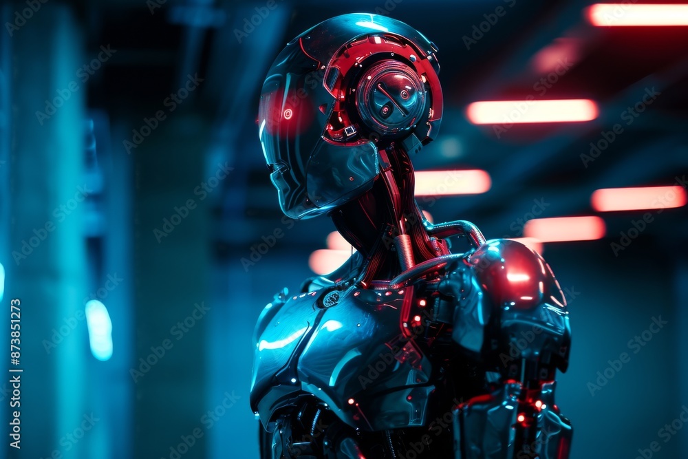 Futuristic cyborg with robotic arm stands illuminated in modern, A robot standing in front of a neon light, emitting a futuristic glow, AI generated Futuristic cyborg with robotic arm stands illuminated in modern, A robot standing in front of a neon light, emitting a futuristic glow, AI generated