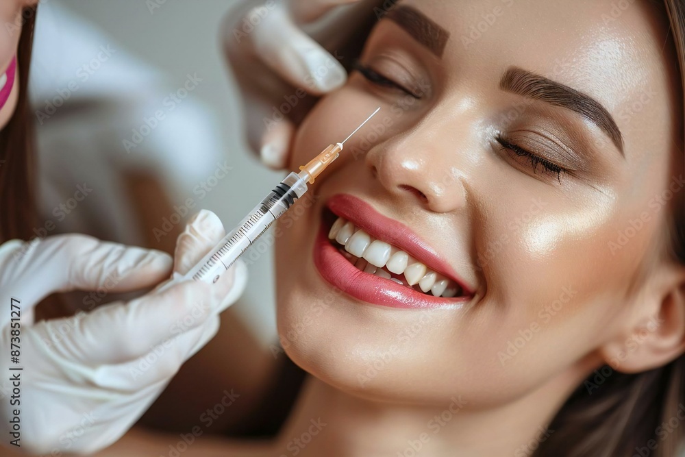 middle-aged beautiful woman with a big smile on her face gets injections for lips augmentation and anti-wrinkle in the nasolabial folds at a cosmetology clinic. middle-aged beautiful woman with a big smile on her face gets injections for lips augmentation and anti-wrinkle in the nasolabial folds at a cosmetology clinic.