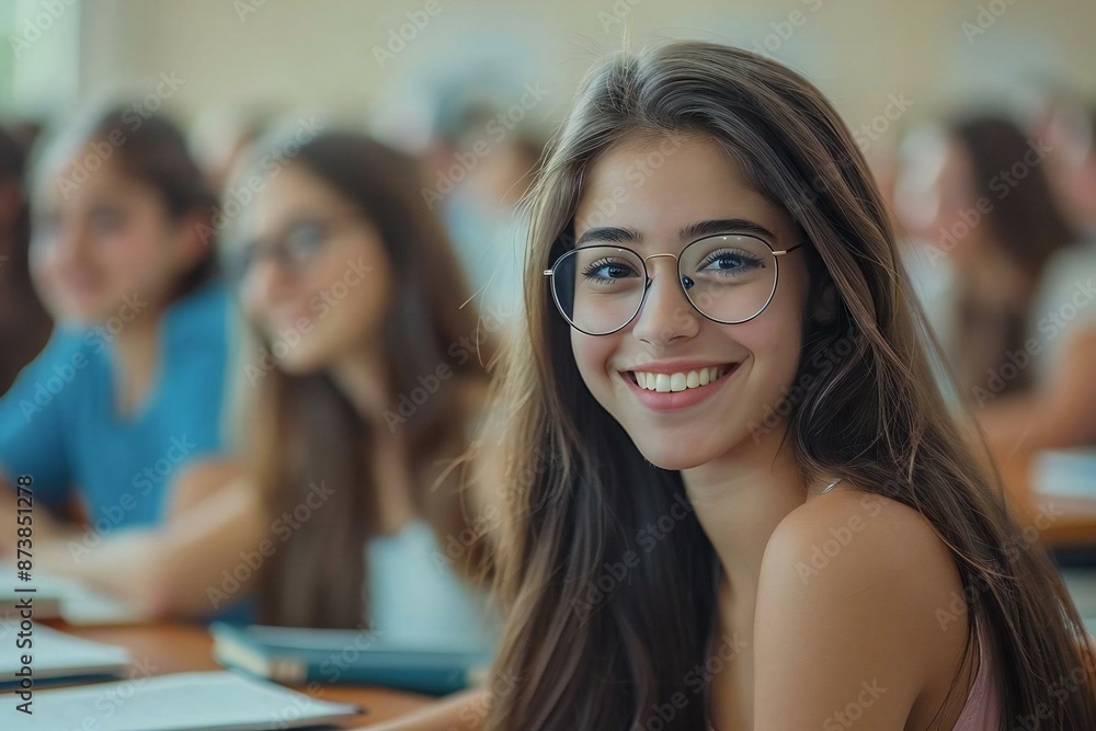 Smiling female student wearing eyeglasses, studying in classroom with groupmates, all beautiful and focused on writing essay or preparing for test. Smiling female student wearing eyeglasses, studying in classroom with groupmates, all beautiful and focused on writing essay or preparing for test.