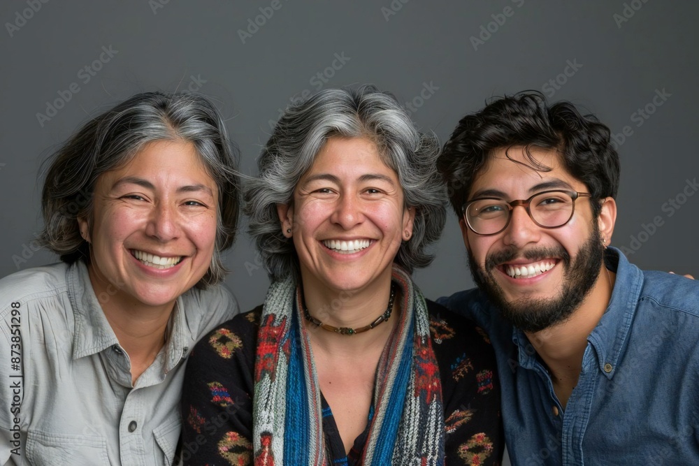 There are three beautiful people in the photo, a middle-aged woman with a bright smile, a young man with a well-groomed beard wearing eyeglasses, and a teenage girl laughing. There are three beautiful people in the photo, a middle-aged woman with a bright smile, a young man with a well-groomed beard wearing eyeglasses, and a teenage girl laughing.