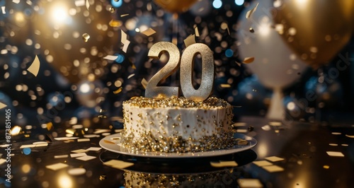 A Golden 20th Birthday Cake With Confetti