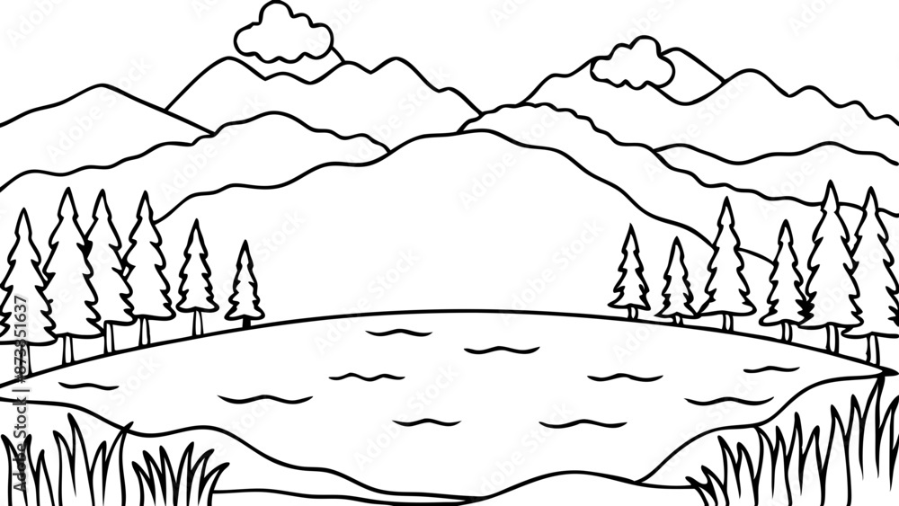 Fototapeta premium simple sketch of a mountainous landscape with peaks, trees, and a body of water.