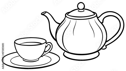  minimalist drawing of a teapot with a matching teacup and saucer.