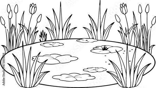 line drawing of pond scene, lily pads, reeds, bulrushes,  natural water body, simplistic