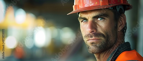 a construction worker gearing up for the day, donning a hard hat and safety vest. construction worker mentally prepares for a hard day's work. construction worker, morning preparation for work