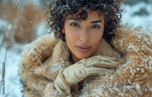 Woman in Fur Coat and Gloves Posing in Snowy Winter Scene