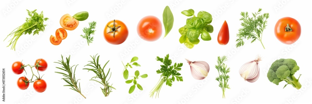 An array of vegetables and herbs perfect for a healthy diet on a white background. An array of vegetables and herbs perfect for a healthy diet on a white background.