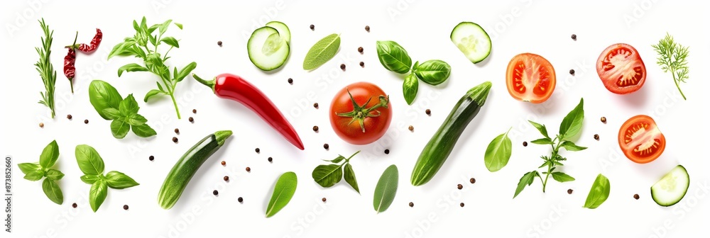 Slices of fresh tomatoes and peppers arranged artistically on a table with assorted herbs. Slices of fresh tomatoes and peppers arranged artistically on a table with assorted herbs.