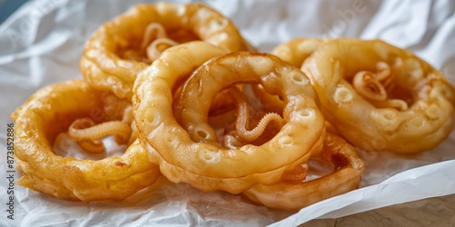 Golden, crispy fried octopus tentacles served as rings for a tasty, greasy snack.