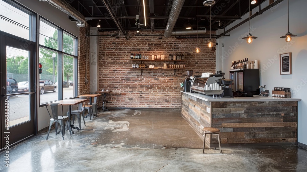 Industrial coffee shop interior featuring exposed brick walls, metal fixtures, concrete floors, and reclaimed wood furniture for a raw, edgy aesthetic.
Industrial coffee shop interior featuring exposed brick walls, metal fixtures, concrete floors, and reclaimed wood furniture for a raw, edgy aesthetic.